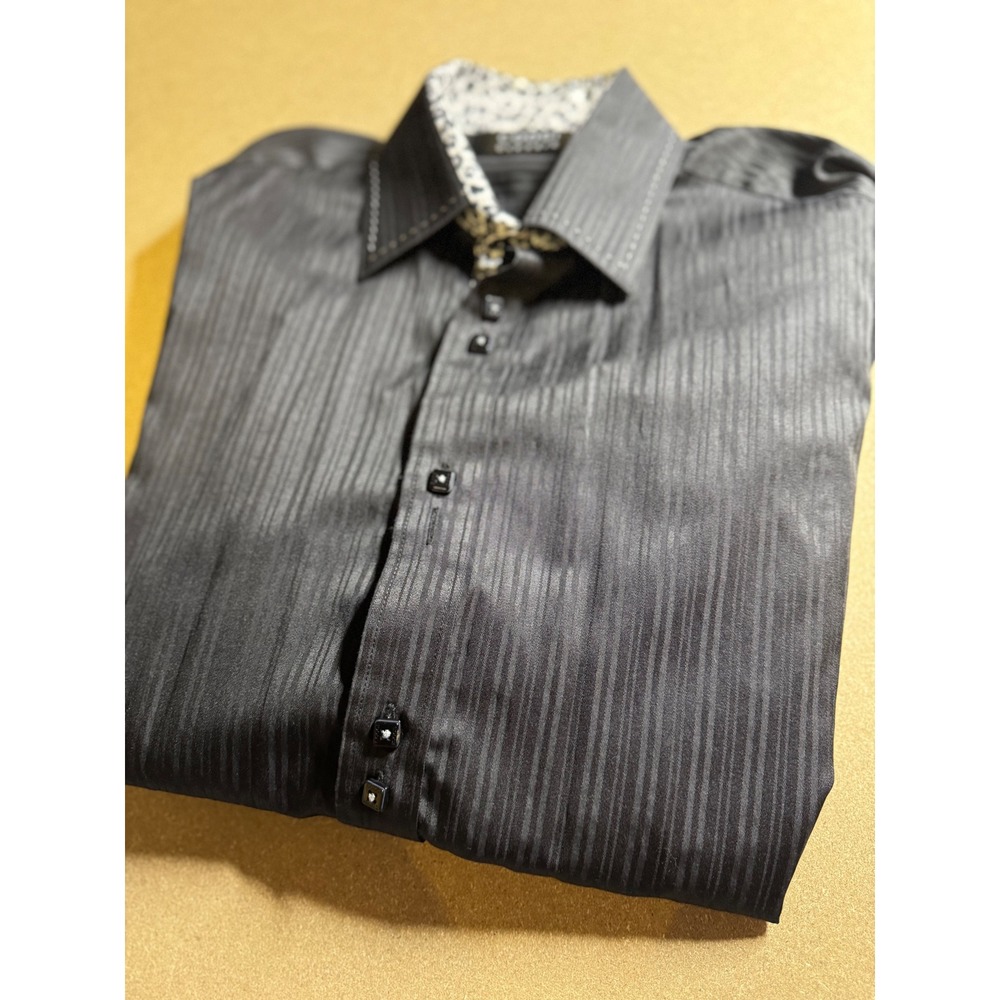 Coogi Classic Mens Black Striped Button Down Shirt Leopard Trim French Cuff L‎